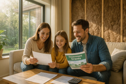 Salon chaleureux avec fenêtres modernes et famille avec documents