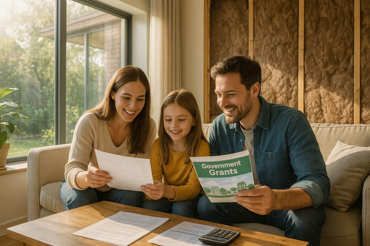 Salon chaleureux avec fenêtres modernes et famille avec documents