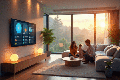 Salon moderne avec technologie domotique et famille