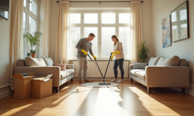 Salon lumineux avec couple nettoyant le sol et surfaces