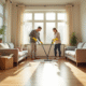 Salon lumineux avec couple nettoyant le sol et surfaces