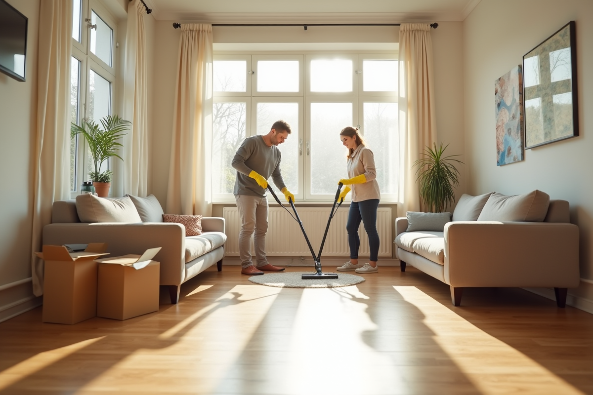 Salon lumineux avec couple nettoyant le sol et surfaces