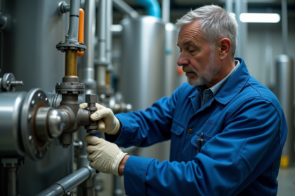 Technicien en bleu inspectant un système de filtration industriel