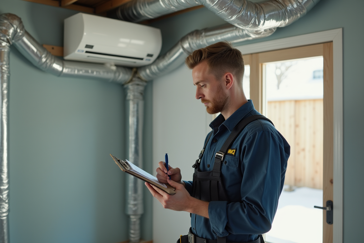 Technicien inspectant un systeme de ventilation moderne dans une maison