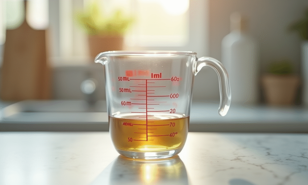 Verre mesureur avec liquide à 50 ml en cuisine