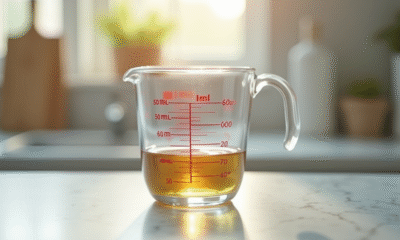 Verre mesureur avec liquide à 50 ml en cuisine