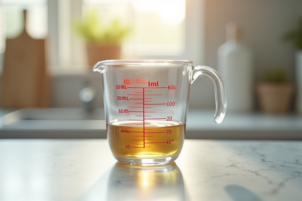 Verre mesureur avec liquide à 50 ml en cuisine