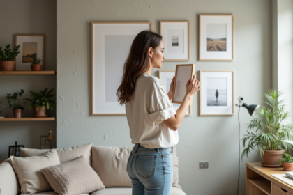 Femme arrangeant des œuvres d'art sur un mur en plâtre